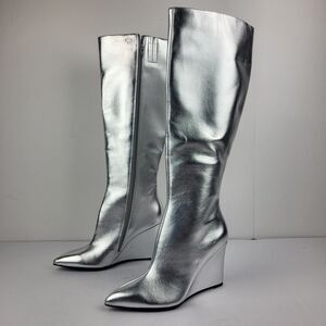 Open Edit Erik Knee High Wedge Boots Silver Metallic Cosmic Size 8M